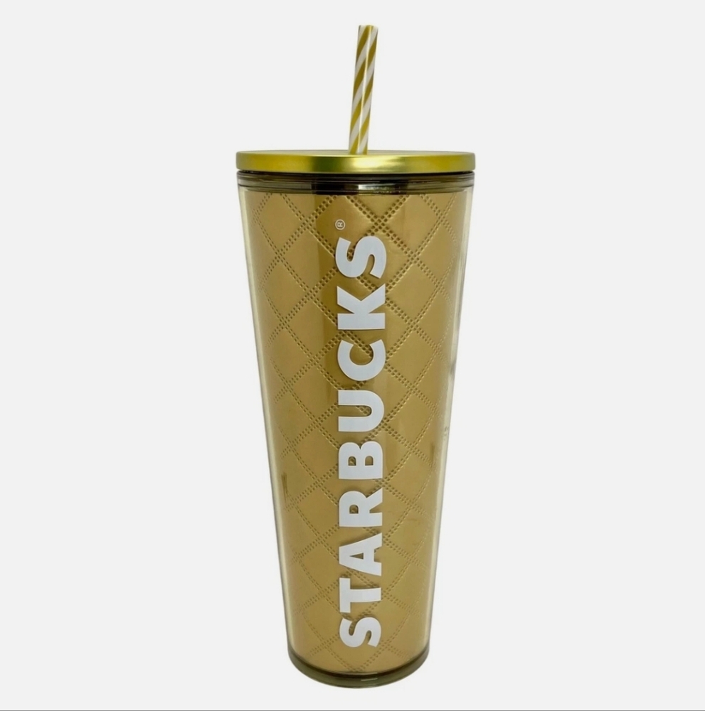 NWT ☕️ Starbucks Holiday Metallic Gold Quilted 2024 Venti Tumbler Cold Cup 24 oz